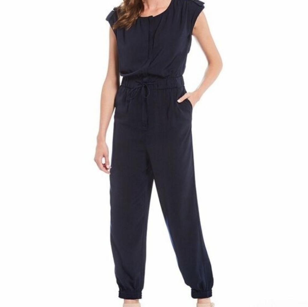 Gibson Latimer Navy Sleeveless‎ Knit Jogger Jumpsuit With Cinch Waist - Medium